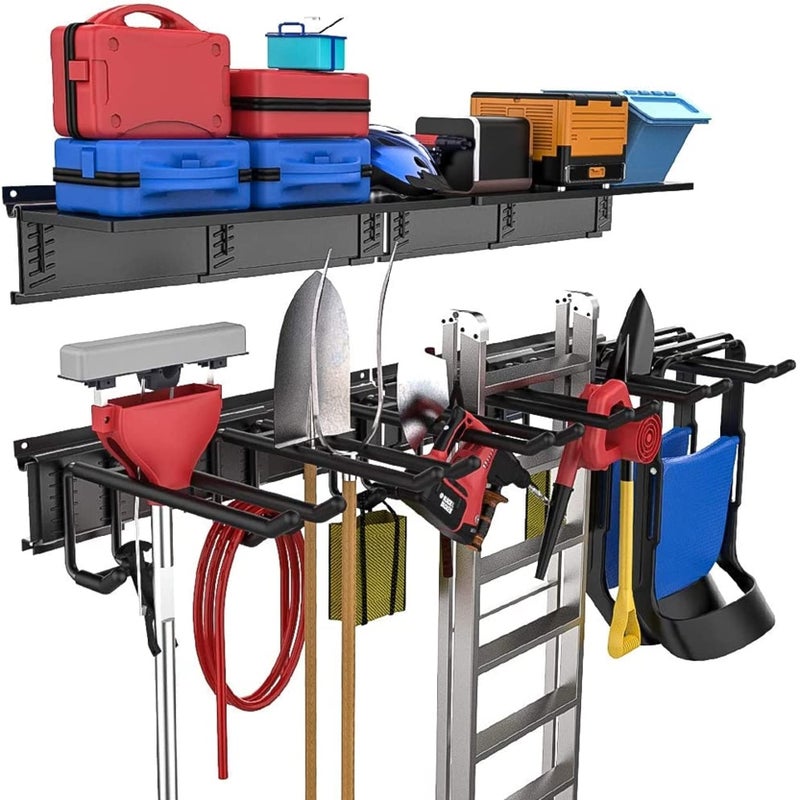 TORACK Garage Storage Organizer Systems, Wall Mount Overhead shelving, 48 inch Heavy Duty Steel Tool Racks, 6-Pack 12'' Double Hooks, 48 inch by 7 inch Floating Shelves, up to 1200Ibs - Image 1